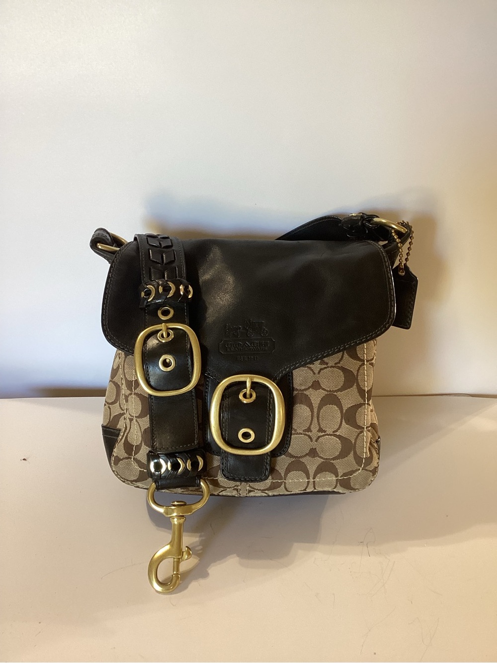 Coach Brown Signature Canvas Crossbody with Black Leather Trim and Gold Hardware